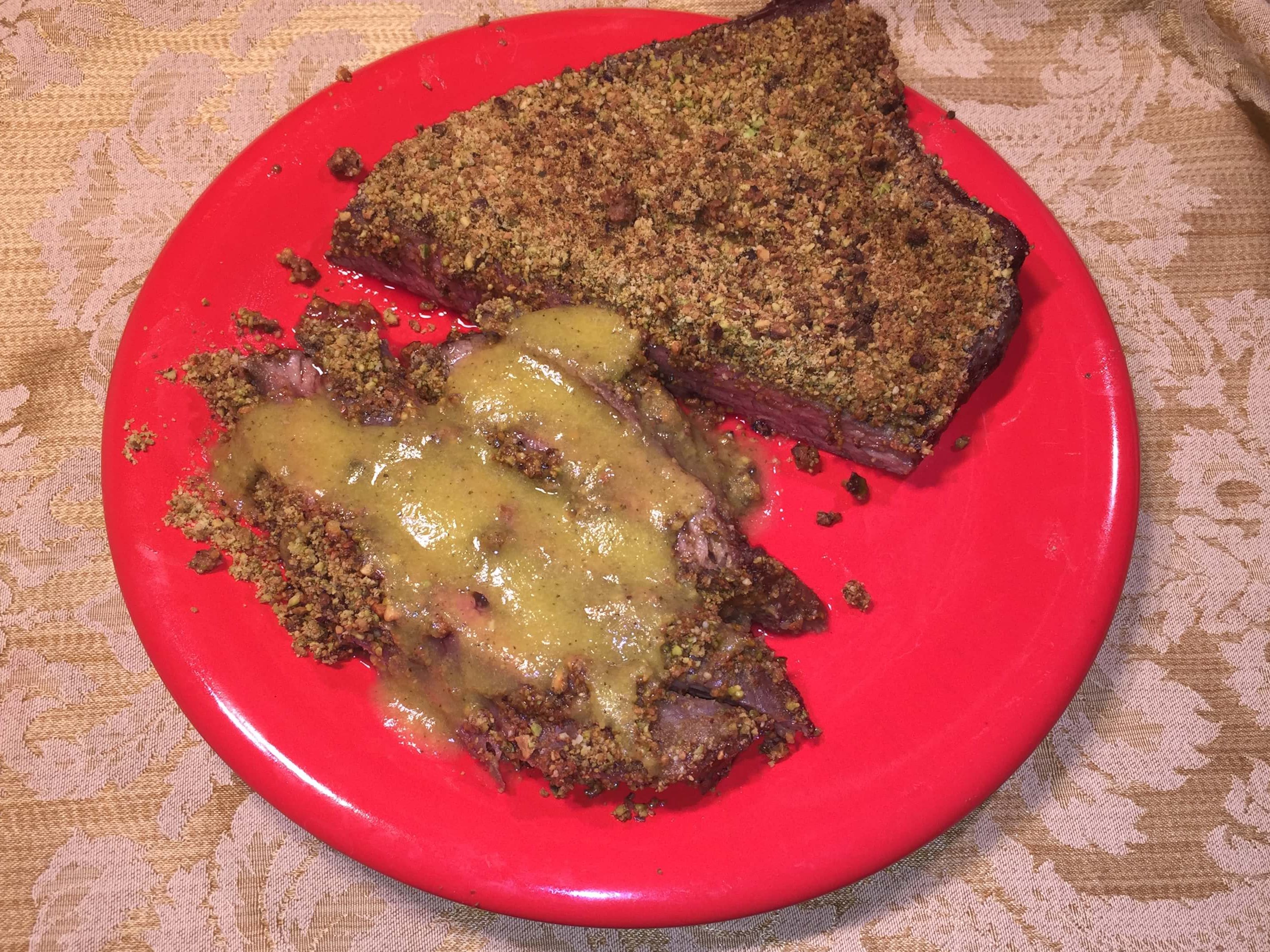 PISTACHIO CRUSTED FLANK STEAK WITH PEACH SAUCE – February 26 – National Pistachio Day